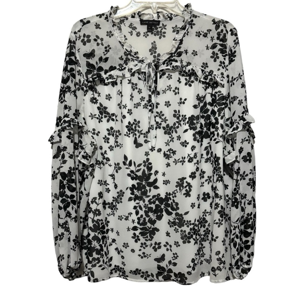 Lane Bryant Tie Neck Sheer Floral Long Sleeve Lined Blouse Office Size 20